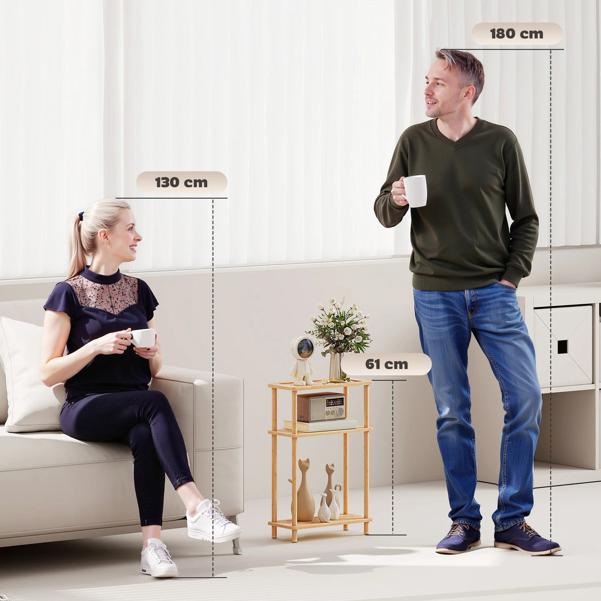 HOMCOM Bamboo Side Table, 3-Tier Slim End Table, Nordic Style, for Living Room, Bedroom, Office, Tool-Free Assembly, Natural Wood Finish