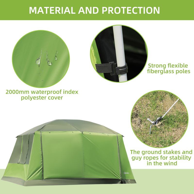 Outsunny Tunnel Tent Camping Shelter w/ Porch, Two Rooms, Lamp Hook, Portable Carry Bag