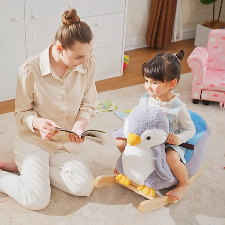 HOMCOM Children Kids Animal Rocking Horse Penguin Plush Musical Button 32 Songs Kid Rocker for 18+ Months