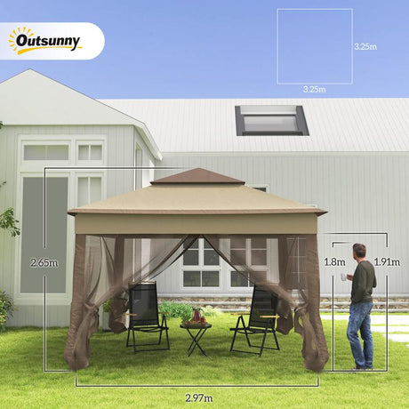 Outsunny 3 x 3(m) Pop Up Gazebo with Netting and Carry Bag, Party Tent Event Shelter for Garden, Patio - Khaki