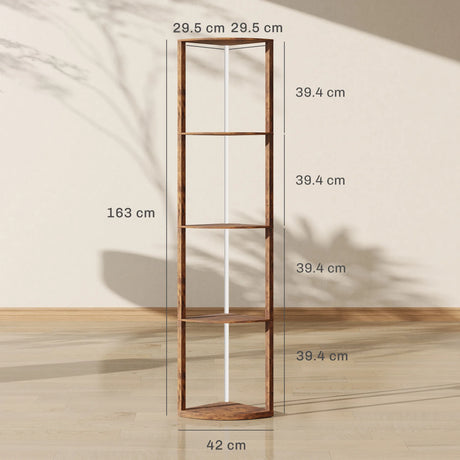 HOMCOM RGB LED Floor Lamp with Shelves, 5-Tier Dimmable Standing Lamp with Adjustable Brightness and Remote Control, Modern Corner Display Shelf Unit for Living Room Bedroom Office, Rustic Brown