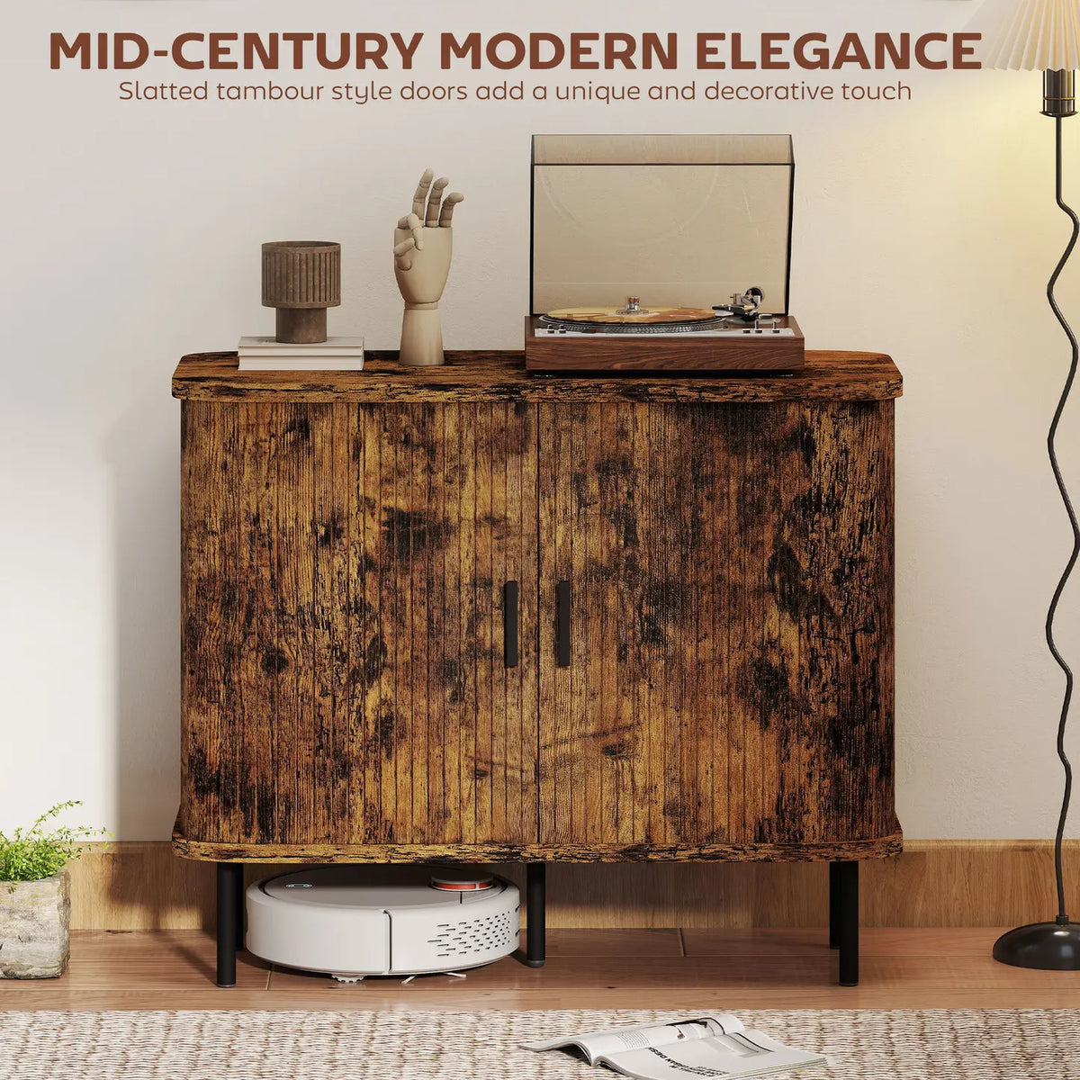 HOMCOM Mid-Century Modern Sideboard Storage Cabinet with Slatted Tambour Sliding Doors, Kitchen Cabinet with Steel Legs, Rustic Brown