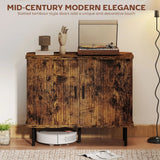 HOMCOM Mid-Century Modern Sideboard Storage Cabinet with Slatted Tambour Sliding Doors, Kitchen Cabinet with Steel Legs, Rustic Brown
