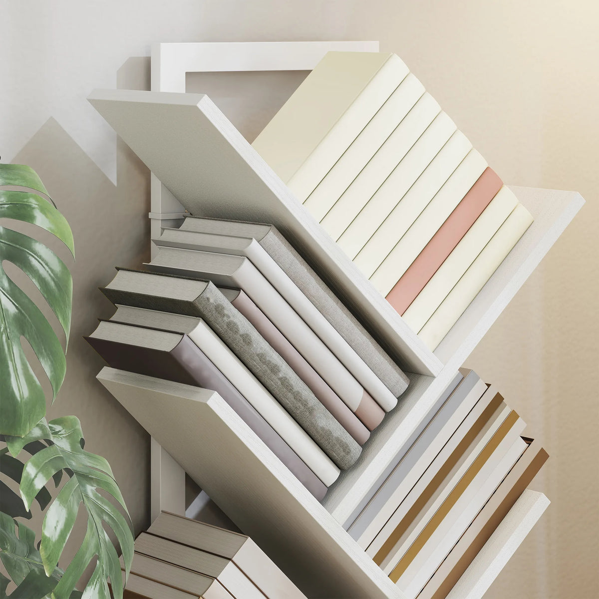 HOMCOM 9-Tier Tree Bookshelf, Industrial Free Standing Bookcase with Steel Frame, Display Storage White