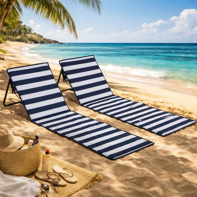 Outsunny Set of 2 Foldable Garden Beach Chair Mat, Outdoor Sun Lounger Seats with Adjustable Back, Magazine Pocket, Carry Bag