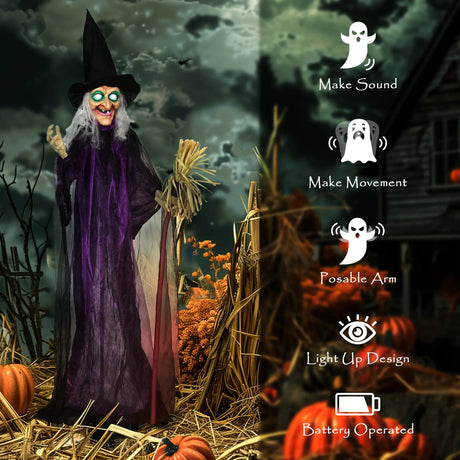 Outsunny 6ft Animated Witch Decoration, with Sound - Purple/White