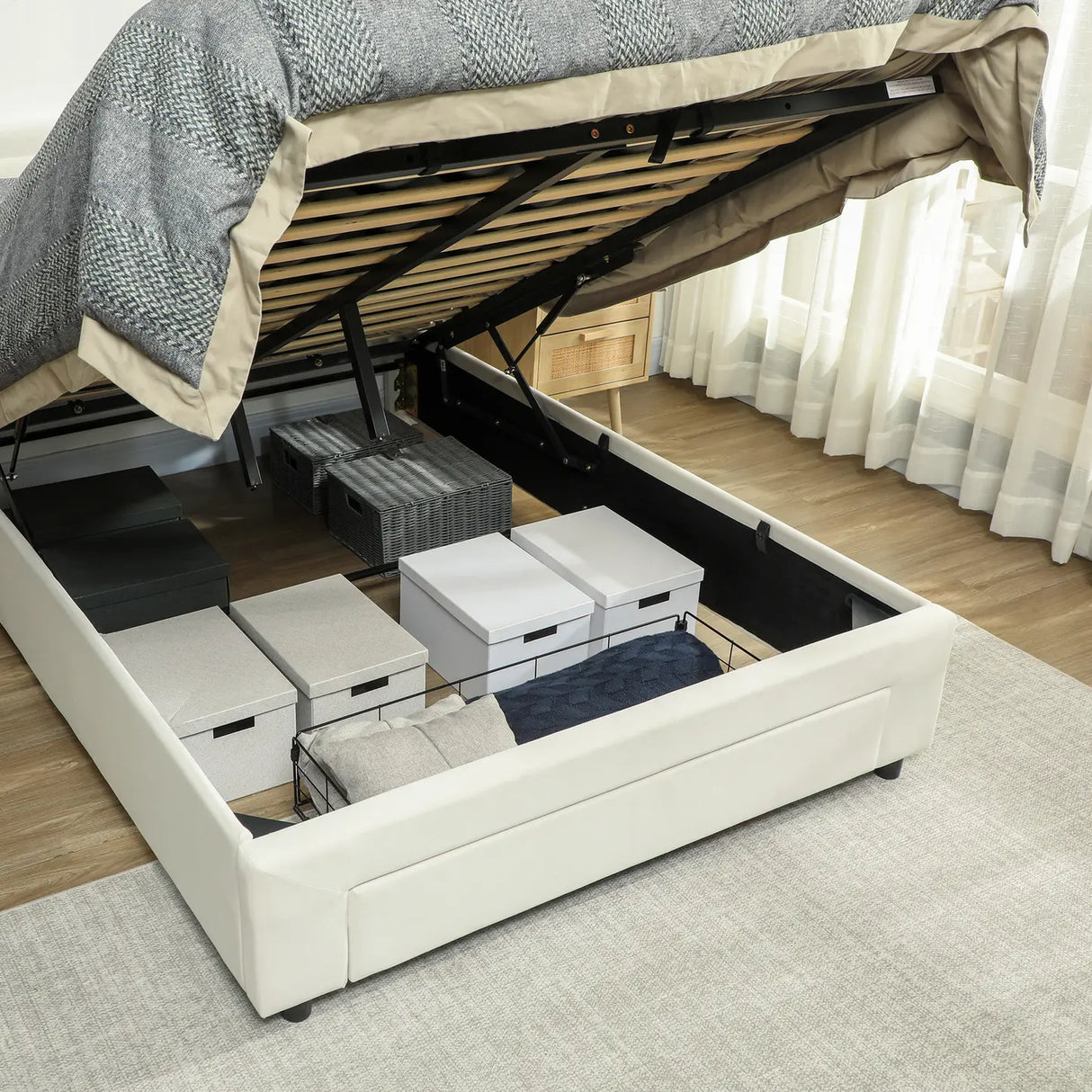 HOMCOM Double Ottoman Bed Frame, with Front Drawer - Cream