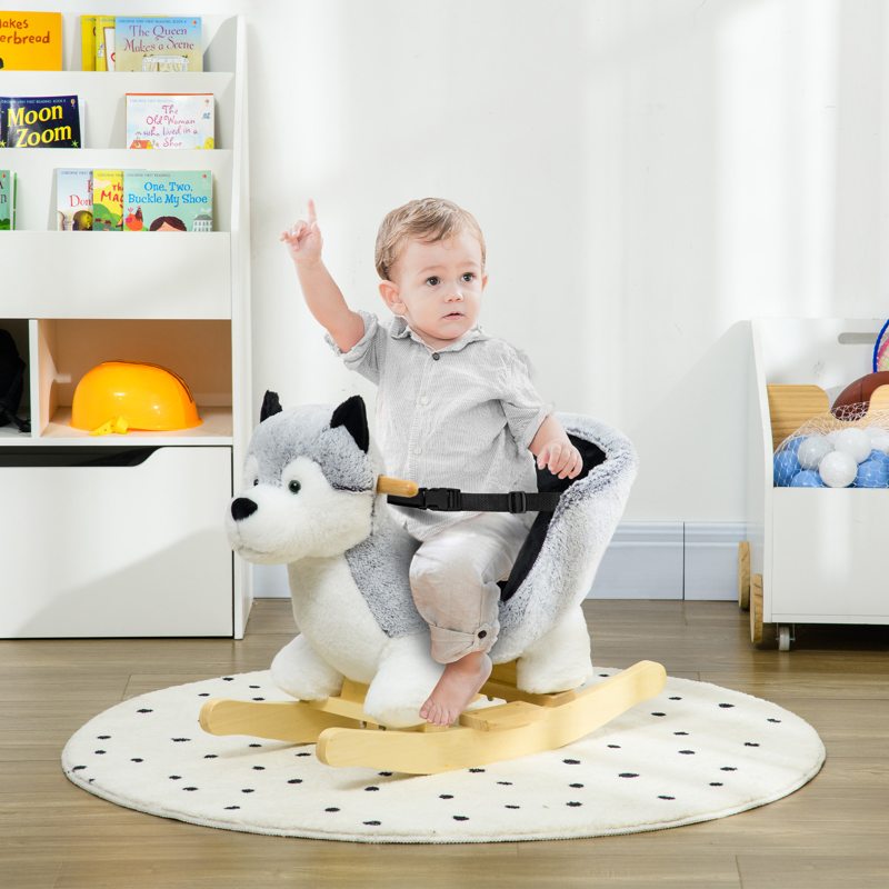 HOMCOM Baby Rocking Horse, Husky-Designed Plush Rocking Animal, with Sounds, Seatbelt, for Ages 18-36 Months - Grey