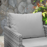 Outsunny 3 Pieces Rattan Bistro Set with 4 Cushions, Wicker Garden Furniture Set, Glass Top Coffee Table and Chairs for Outdoor Patio, Balcony, Terrace and Conservatory, Grey