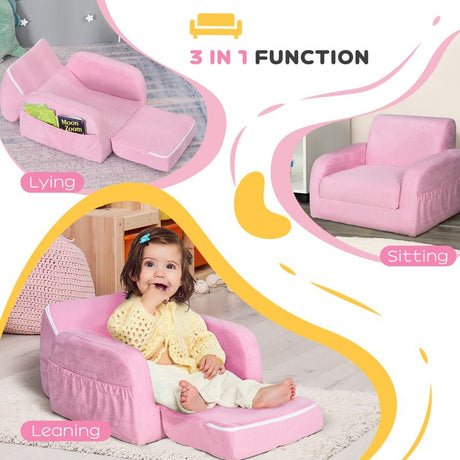 HOMCOM 2-in-1 Kids Armchair, Toddler Sofa Bed, with Wood Frame, for Bedroom, Playroom - Pink