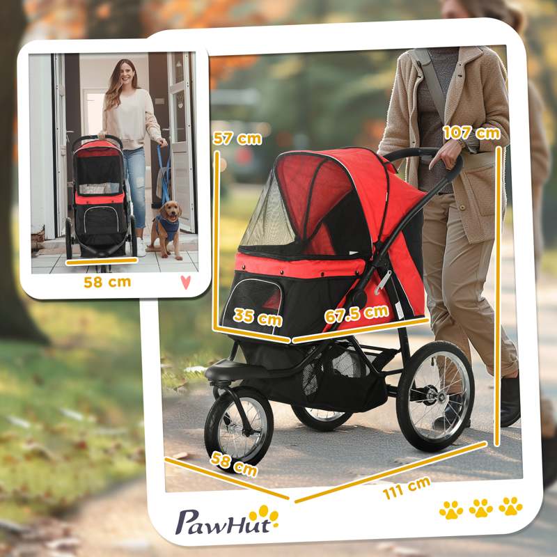 PawHut Foldable Pet Stroller with Three Wheels, for Small, Medium Dogs, Red