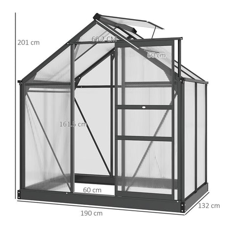 Outsunny 6 x 4ft Polycarbonate Greenhouse, Large Walk-In Green House with Slide Door and Window, Garden Plants Grow House with Aluminium Frame and Foundation, Grey