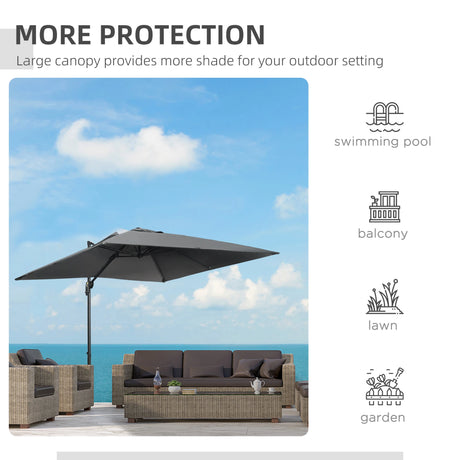 Outsunny 2.7 x 2.7 m Cantilever Parasol, Square Overhanging Umbrella with Cross Base, Crank Handle, Tilt, 360 Rotation and Aluminium Frame, Dark Grey