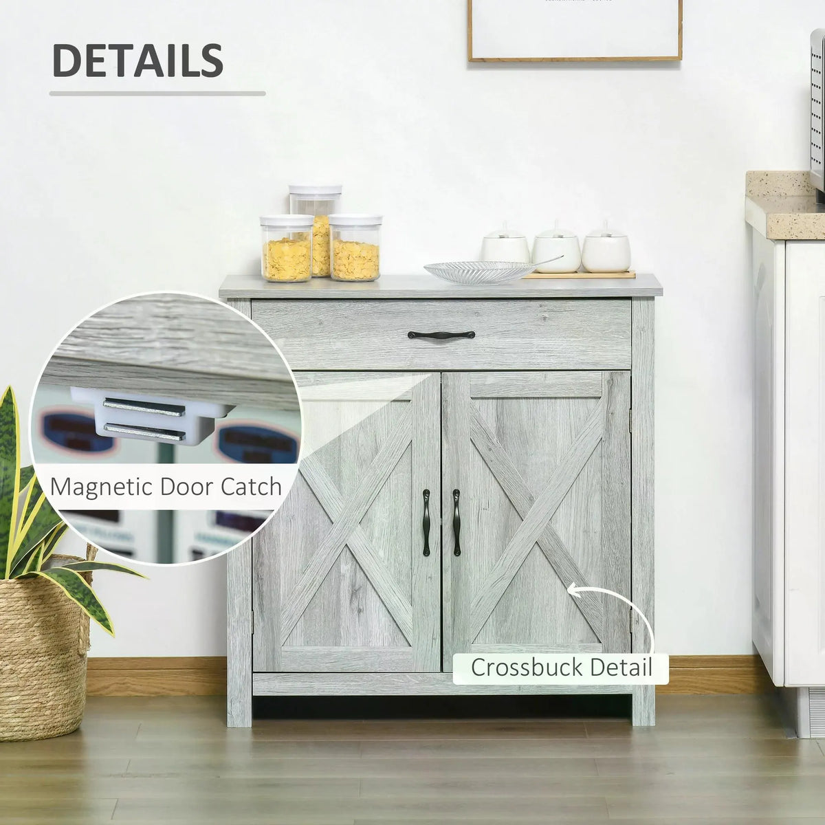 HOMCOM Farmhouse Barn Door Sideboard Storage Cabinet Coffee Bar for LIVING Room  Grey Grain
