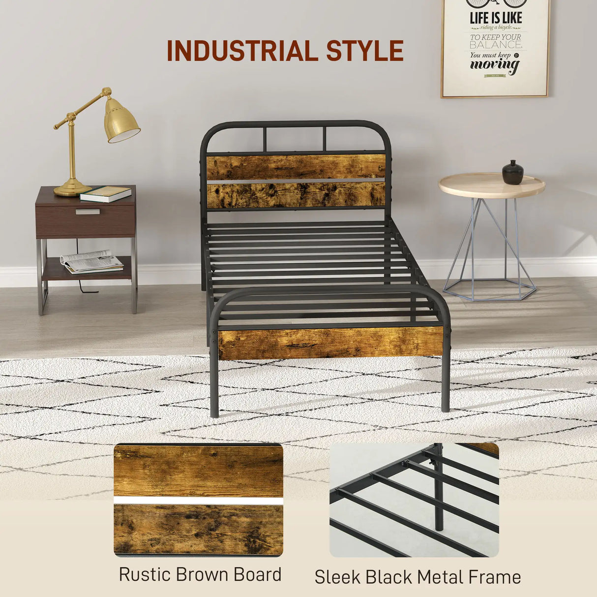 HOMCOM Industrial-Style Single Bed Frame - Black/Brown