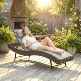 Outsunny Rattan Sun Lounger, Garden Recliner with 5 Position Adjustable Back, S Shaped Texteline Seat, Headrest, Brown