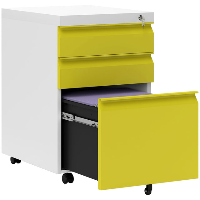 Vinsetto 3 Drawer Filling Cabinet, Mobile Metal File Cabinet with Anti-tilt Design for Letter, A4, Legal Size, Yellow