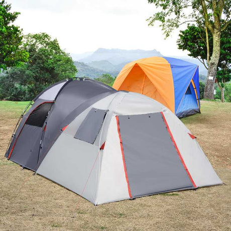 Outsunny 4-5 Man Outdoor Tunnel Tent, Two Room Camping Tent with Portable Mat, Sewn-In Floor, Carry Bag, 4 Doors and Breathable Mesh Windows, 2000mm Water Column for Fishing, Festival, Hiking