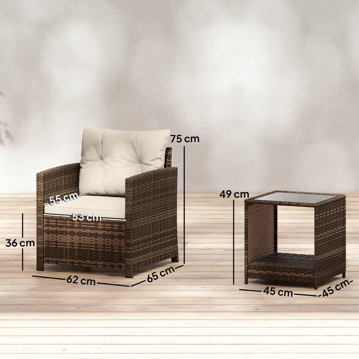 Outsunny Rattan Bistro Set, 3 Piece Garden Furniture Set with 2 Tier Glass Top Table and Cushions, Mixed Brown