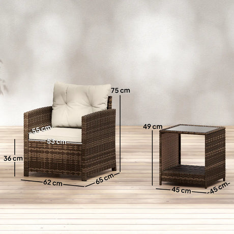 Outsunny Rattan Bistro Set, 3 Piece Garden Furniture Set with 2 Tier Glass Top Table and Cushions, Mixed Brown