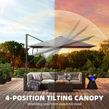 Outsunny 3 x 3 m Garden Cantilever Parasol with Light, Cover, Overhanging Umbrella w/ Wind Protection, 360 Rotation, Light Grey