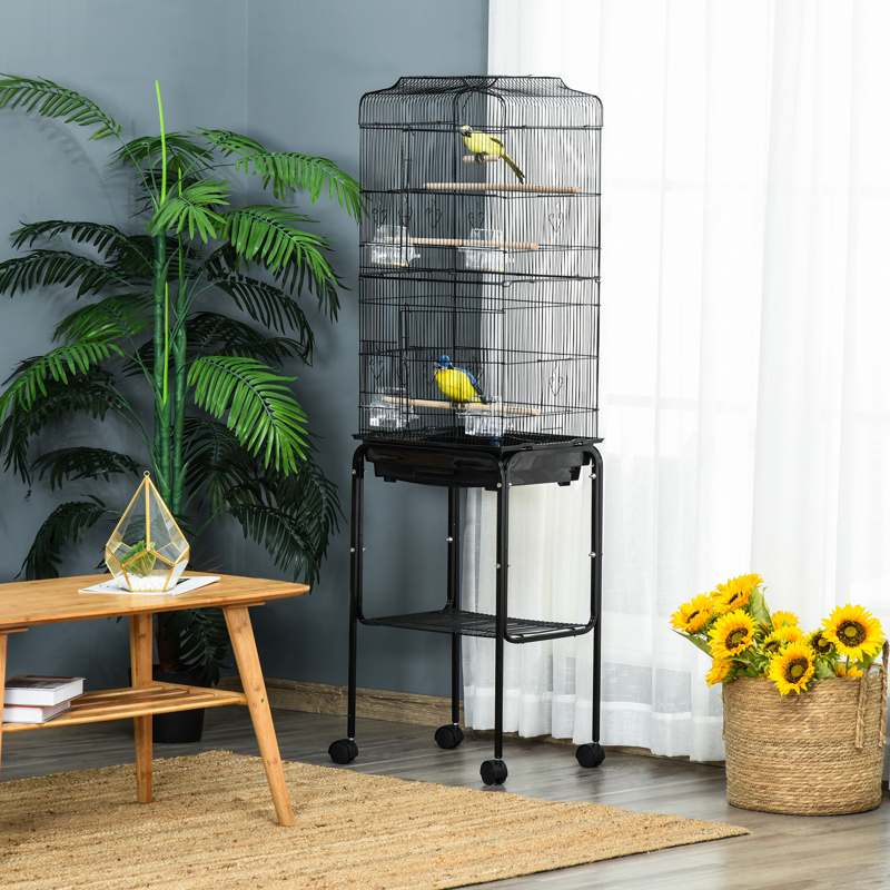 PawHut Bird Cage Budgie Cages for Finch Canary Parakeet with Stand Wheels Slide-out Tray Accessories Storage Shelf, Black 46.5 x 36 x 157 cm