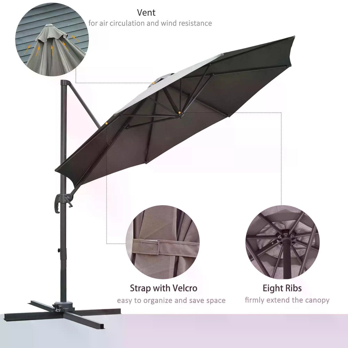 Outsunny 3(m) Offset Parasol Cantilever Hanging Umbrella 360 Rotation w/ Base Dark Grey