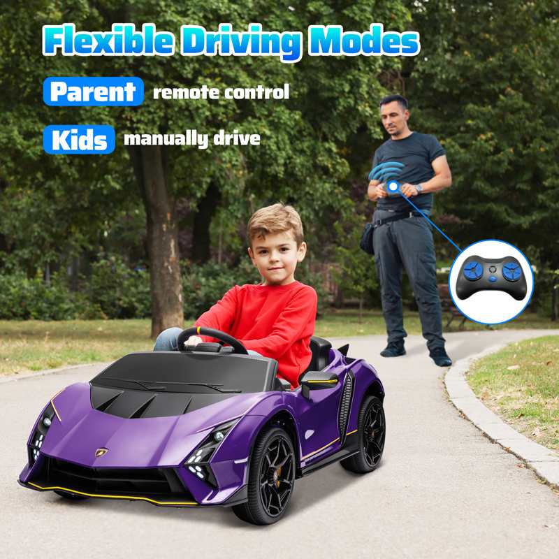 AIYAPLAY 12V Lamborghini Autentica Licensed Kids Electric Car with Remote Control, 4 Suspension Wheels, Soft Start, Purple