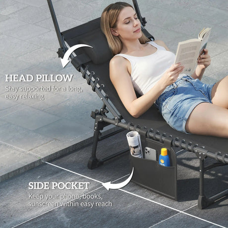 Outsunny Folding Sun Loungers Set of 2 with Canopy, Reclining Sunbed with Cushion, Side Pocket, Carrying Handle, Light Grey