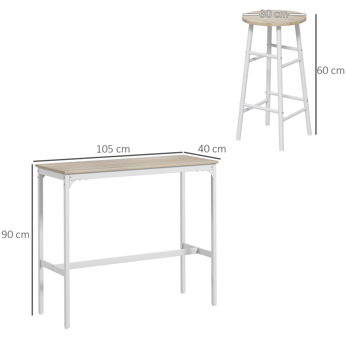 HOMCOM 3 Piece Bar Table Set with 2 Stools, Industrial Bar Table and Stool Set, Dining Table and Chair Set, Oak