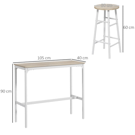 HOMCOM 3 Piece Bar Table Set with 2 Stools, Industrial Bar Table and Stool Set, Dining Table and Chair Set, Oak