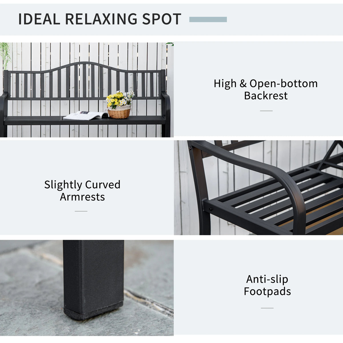 Outsunny Metal Outdoor Bench with Liftable Middle Table, Patio Loveseat, Garden Bench for Garden, Porch, Seats 23 People, Black