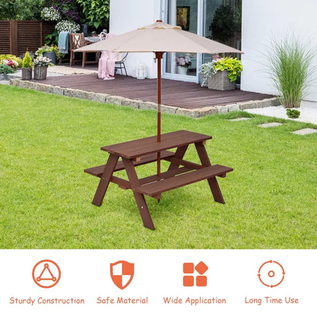 Children's Garden Picnic Table Bench with Sun Umbrella