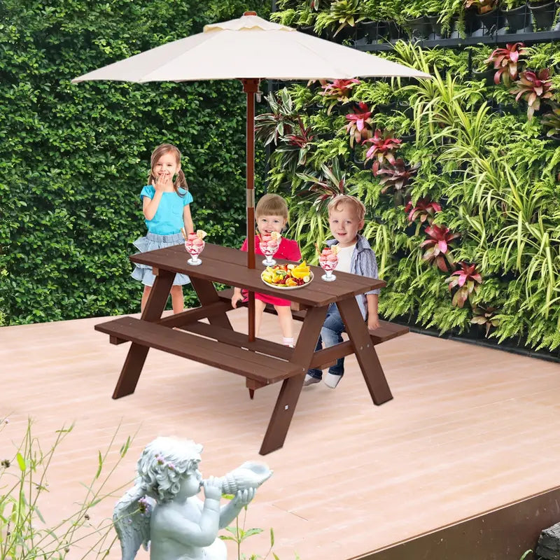 Children's Garden Picnic Table Bench with Sun Umbrella
