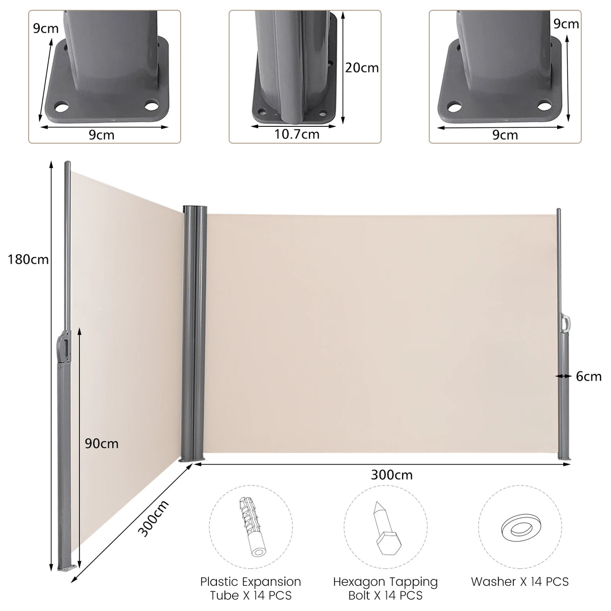 237 x 71 Inch Patio Retractable Double Folding Side Awning Screen Divider