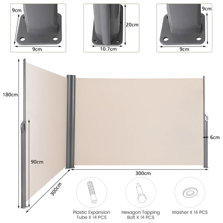237 x 71 Inch Patio Retractable Double Folding Side Awning Screen Divider