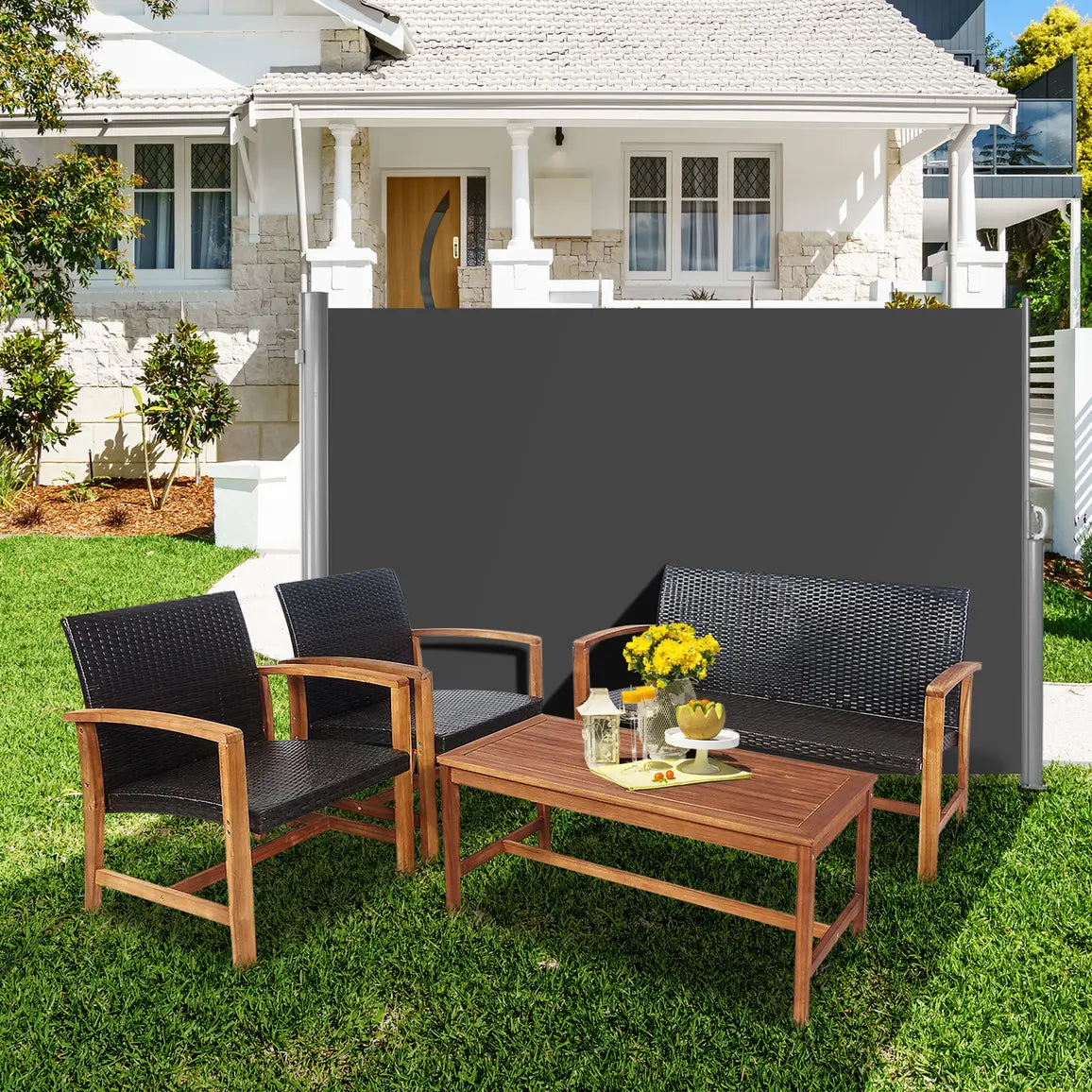 118.5 x 63 Inch Patio Retractable Folding Side Awning Screen Privacy Divider