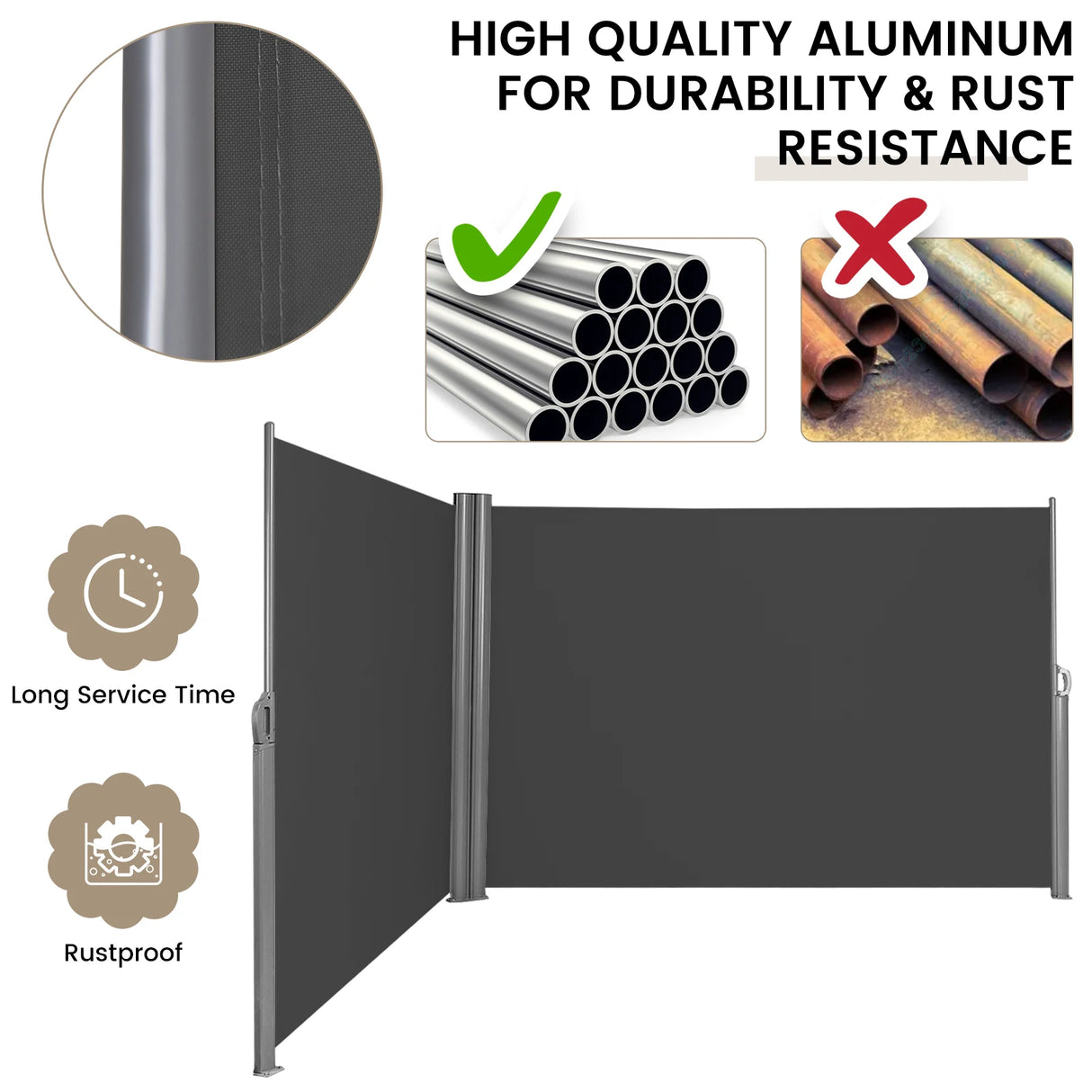 237 x 63 Inch Patio Retractable Double Folding Side Awning Screen Divider