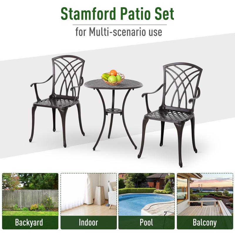 Outsunny Patio Cast Aluminium 3 PCS Bistro Set Coffee Table & 2 Chairs Set Outdoor Garden Furniture Set