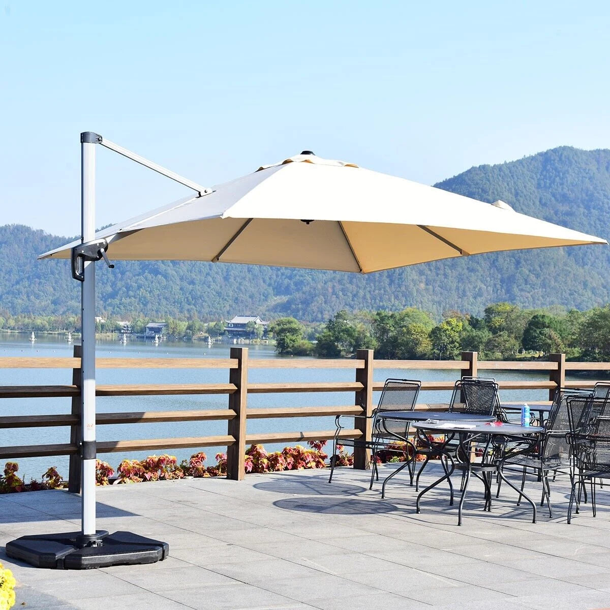 10 ft 360 Degree Tilt Aluminum Square Patio Offset Cantilever Umbrella without Weight Base-Beige