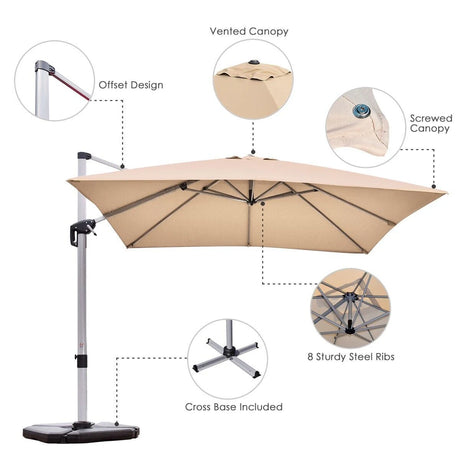 10 ft 360 Degree Tilt Aluminum Square Patio Offset Cantilever Umbrella without Weight Base-Beige