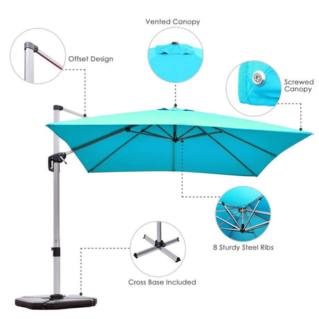 10 ft 360 Degree Tilt Aluminum Square Patio Offset Cantilever Umbrella without Weight Base-Blue