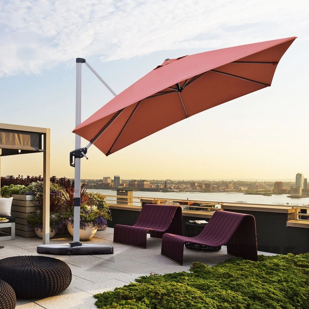 10 ft 360 Degree Tilt Aluminum Square Patio Offset Cantilever Umbrella without Weight Base-Brick red