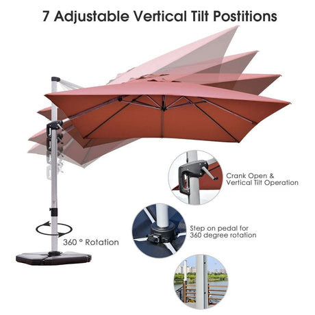 10 ft 360 Degree Tilt Aluminum Square Patio Offset Cantilever Umbrella without Weight Base-Brick red