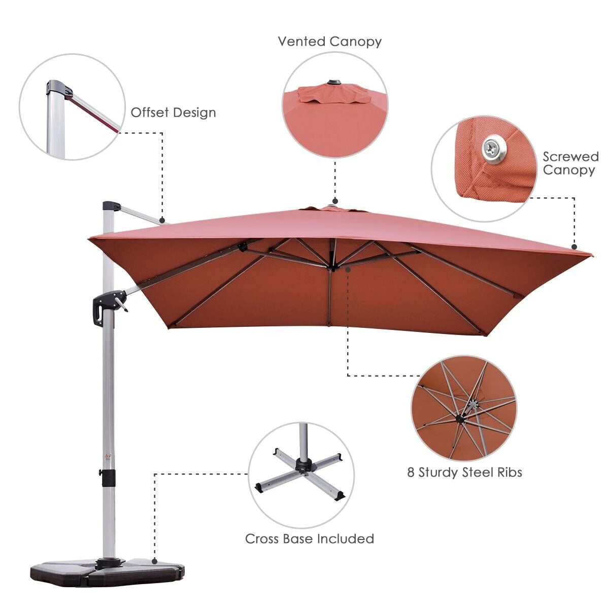 10 ft 360 Degree Tilt Aluminum Square Patio Offset Cantilever Umbrella without Weight Base-Brick red