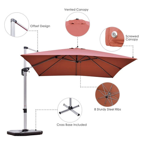 10 ft 360 Degree Tilt Aluminum Square Patio Offset Cantilever Umbrella without Weight Base-Brick red