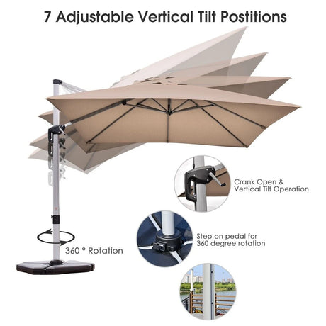 10 ft 360 Degree Tilt Aluminum Square Patio Offset Cantilever Umbrella without Weight Base-Tan