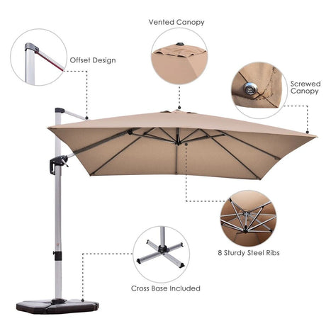 10 ft 360 Degree Tilt Aluminum Square Patio Offset Cantilever Umbrella without Weight Base-Tan