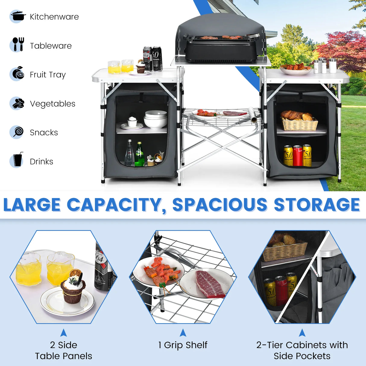 Folding Camping Table with Storage Organizer-Gray