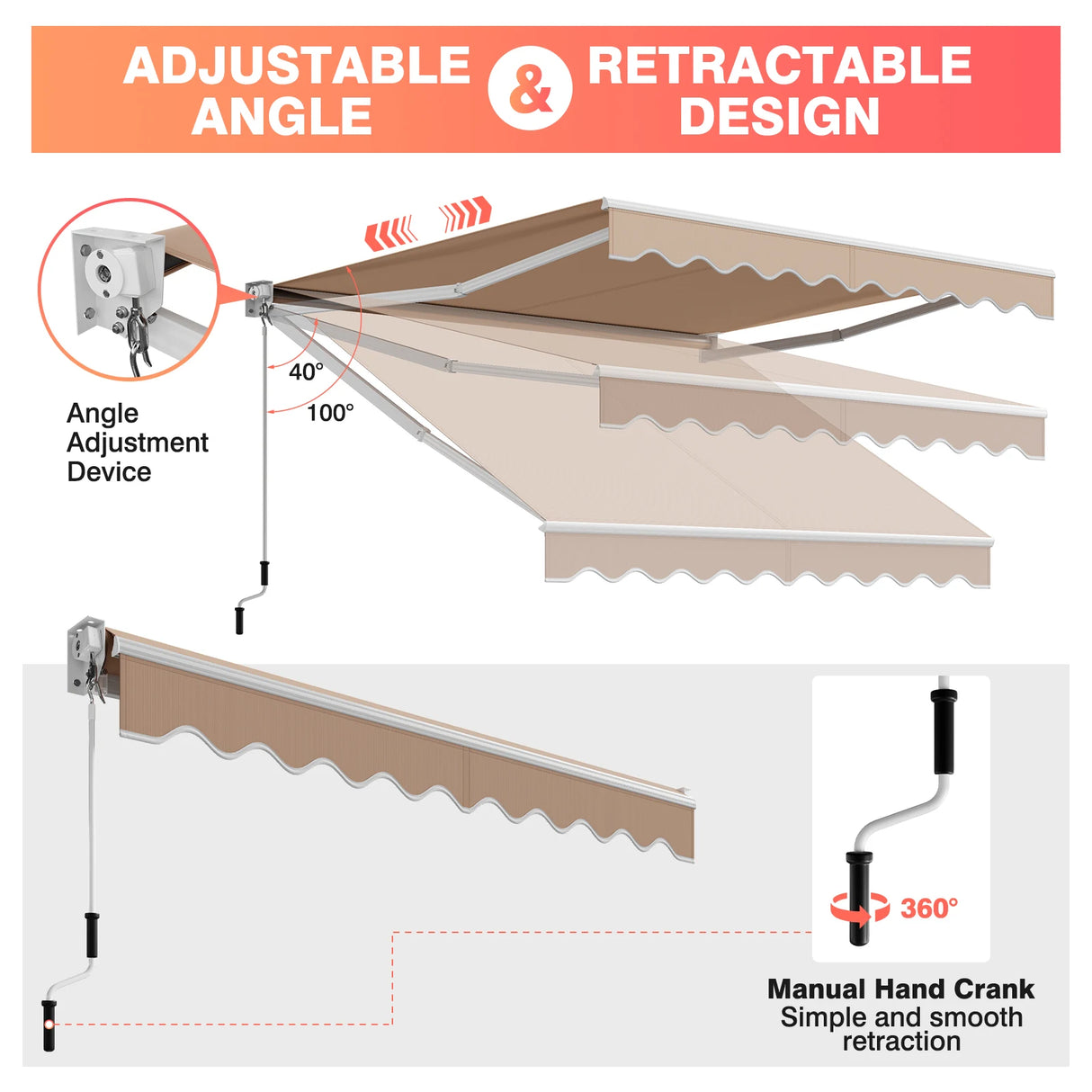 10FT x 8FT Retractable Shade Patio Awning with Crank Handle-Beige